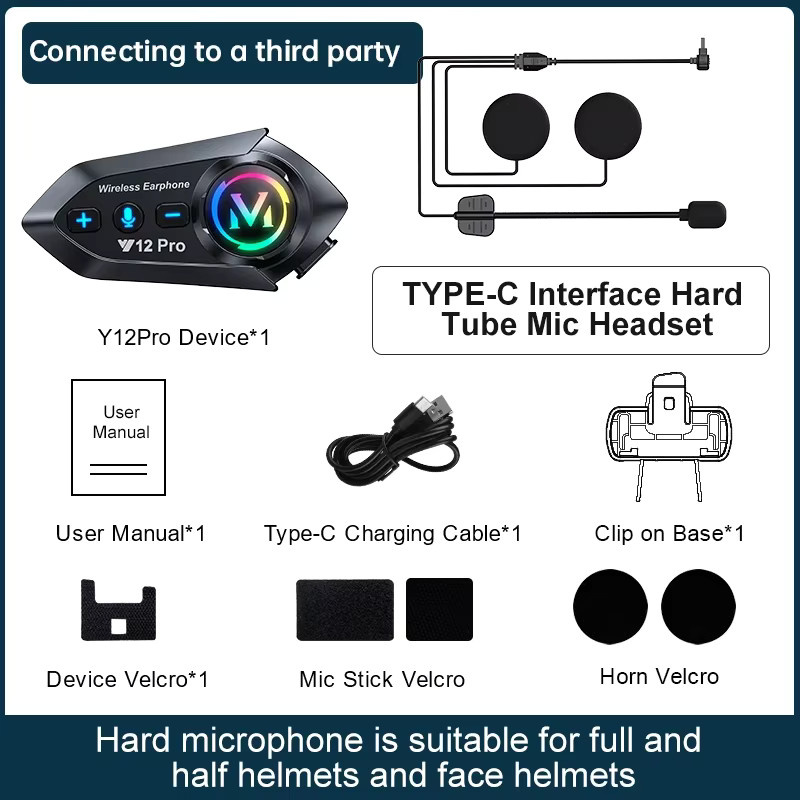 Y12 Pro Motorradhelm-Intercom Bluetooth 5.4 Headset mit RGB-Licht für 2 Fahrer, Schwarz - Bild 3