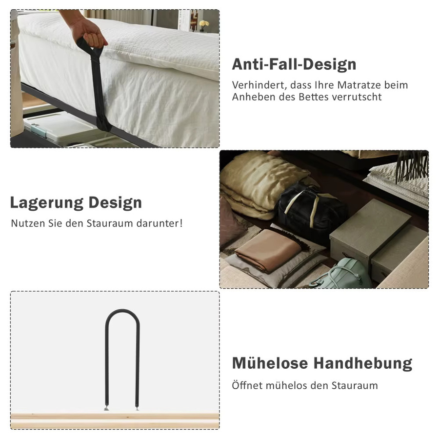 Gepolstertes Stauraumbett aus Leinen in Grau mit LED-Beleuchtung, Leselampen, integrierten Nachttischen und USB- sowie USB-C-Ladeanschlüssen, B/T/H: 160 x 200 cm - Bild 5