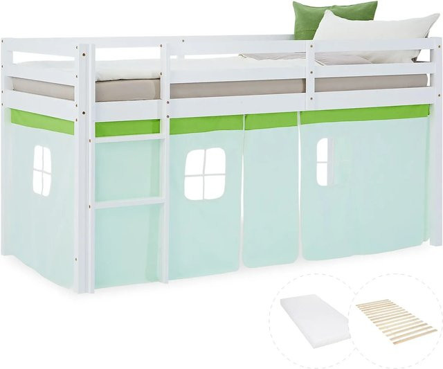 Homestyle4u Kinder Hochbett aus Kiefernholz mit Matratze, Lattenrost und Vorhang in Grün und Weiß - Bild 1