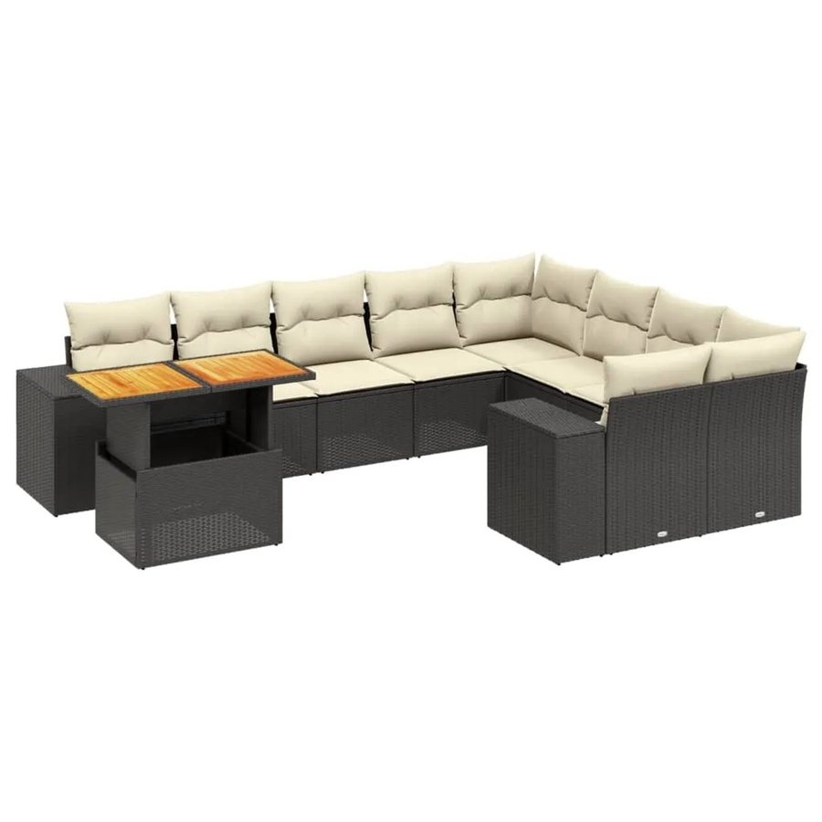 vidaXL 10-tlg. Garten-Sofagarnitur in L-Form aus Polyrattan und Akazienholz mit Kissen, Schwarz-Creme - Bild 2