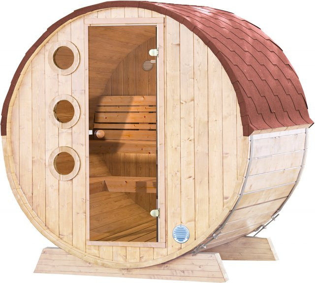 Wolff Finnhaus Saunafass SALLY aus Fichte mit roten Dachschindeln, Durchmesser: 205 cm, Höhe: 160 cm - Bild 1