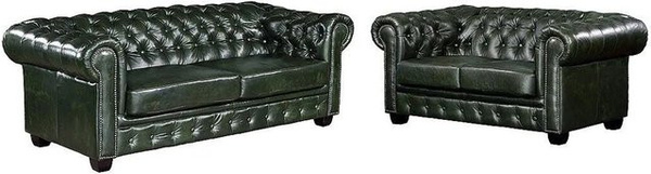 Vente-unique Couchgarnitur Brenton Chesterfield in Piniengrün mit Lederbezug und Punksteppung, Breite: 201 cm, Tiefe: 160 cm