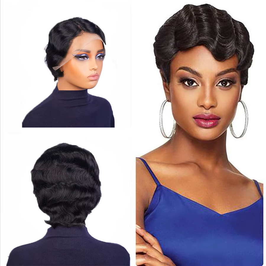 OYM HAIR Perücke, kurze Fingerwellen-Echthaar-Perücke, Pixie-Schnitt, Damen - Bild 2