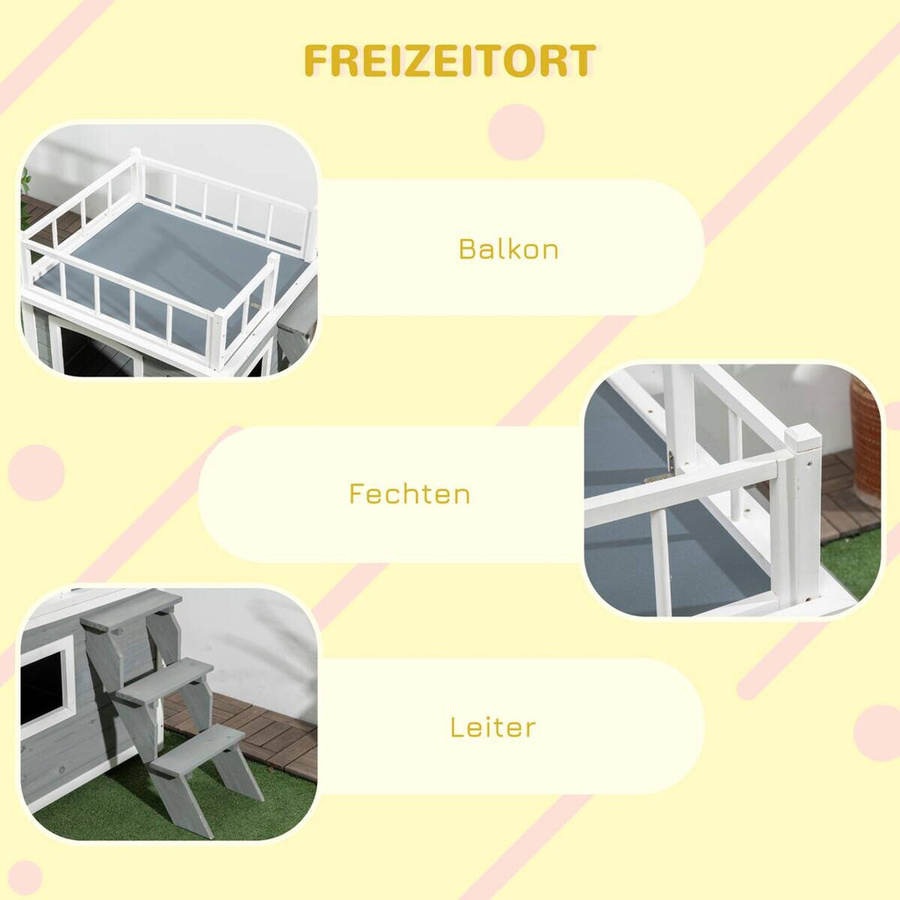 PawHut Hundehütte aus Tannenholz mit Balkon, Treppe und Fenster in Hellgrau, B/H/T: 77 x 121 x 78 cm - Bild 3