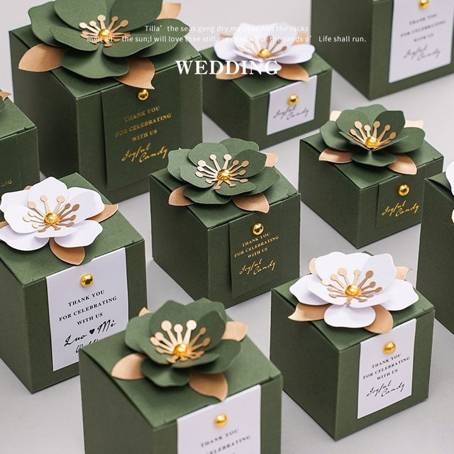 10 Stück quadratische Hochzeits-Geschenkboxen im Waldstil aus Papier, grün und weiß, dreidimensionale Blumenboxen für Hochzeitsgäste - Bild 1