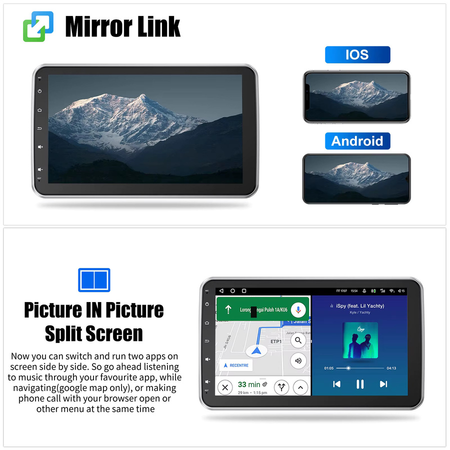 ESSGOO 10,1 Zoll Android 15 1-DIN Autoradio mit 360 Grad drehbarem Bildschirm, 4+64G Speicher, kabelloses CarPlay und Android Auto, GPS, Bluetooth, WLAN und Mikrofon in Schwarz - Bild 6