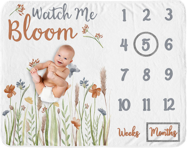 VIKAMA Wildflower Baby-Meilenstein-Decke in Weiß mit floralem Design zur Dokumentation des ersten Lebensjahres - Bild 1