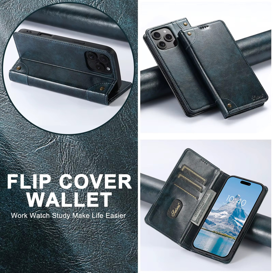 SUTENI Handyhülle aus Kunstleder mit Kartenhalter und Ständer als Magnet Flip Cover für iPhone 17 Pro Max 16 Plus 15 14 13 12 in Schwarz - Bild 3