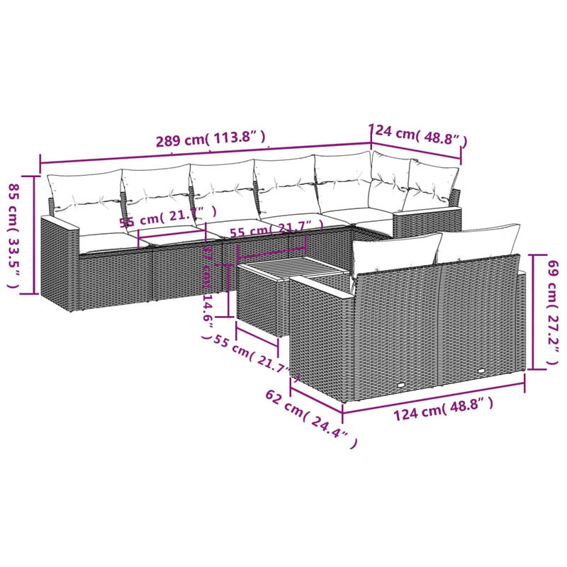 Vidaxl Gartenmöbel-Set aus Polyrattan mit Kissen, 9-teilig, Grau, Modernes Design - Bild 2