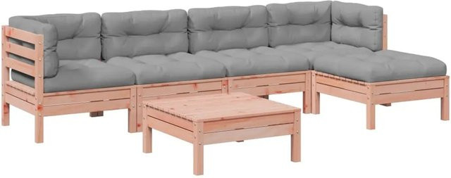 vidaXL 6-teilige Garten-Sofagarnitur aus Massivholz Douglasie in L-Form mit Kissen, Farben: Braun und Grau - Bild 1