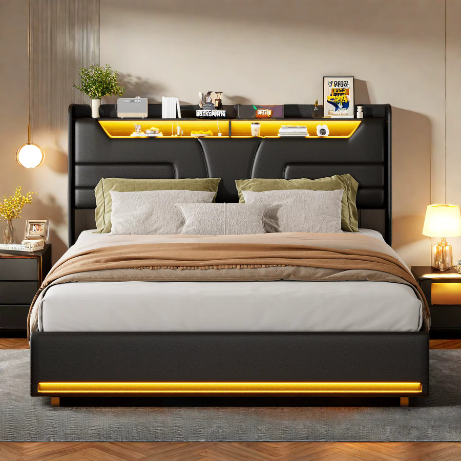 Rosahqnda Polsterbett in Schwarz mit LED-Kopfteil und hydraulischem Stauraum, B/T/H: 140 x 200 cm, modernes Jugendbett mit Metallrahmen und Kunstleder-Bezug - Bild 4