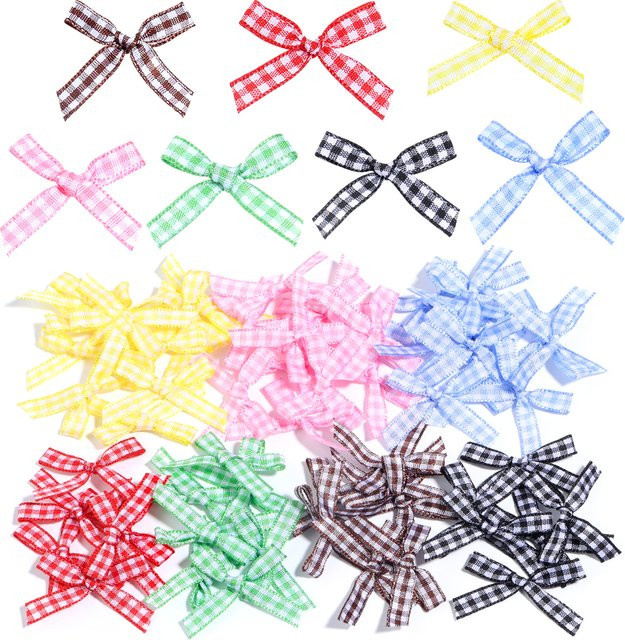 50 Stück karierte Satinband-Schleifen in Bunt für DIY Dekoration, Hochzeit und Party, B/H: 4 x 2,5 cm - Bild 1