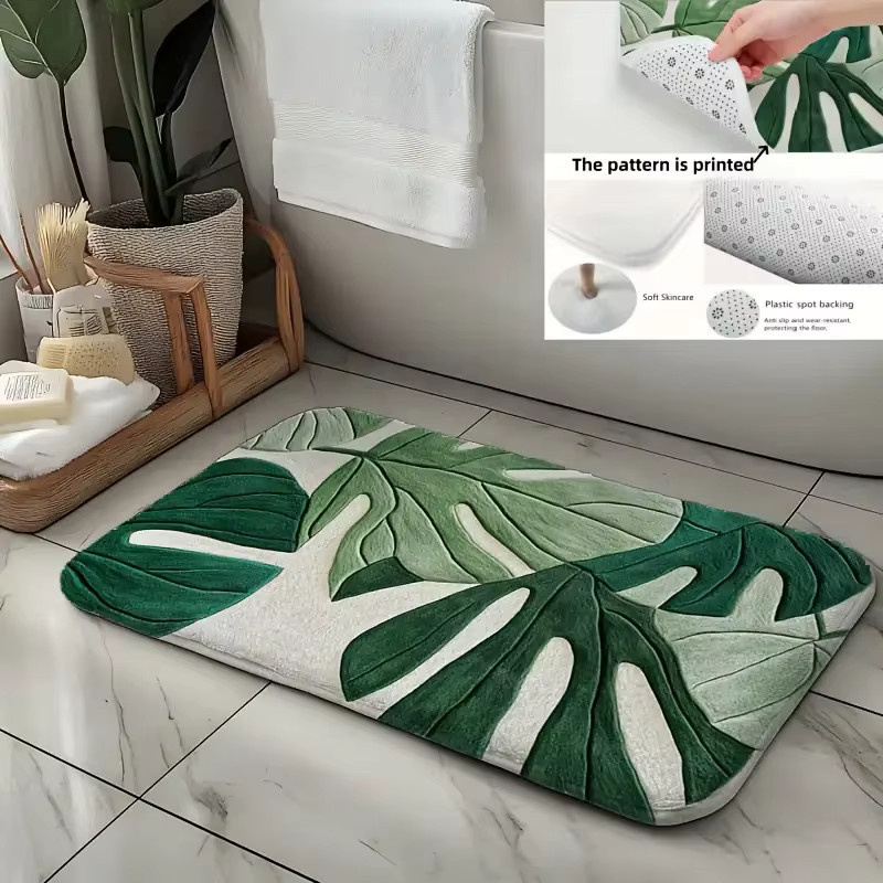 VIKAMA Monstera Badezimmer-Antirutsch-Teppich im nordischen Stil, grün, rechteckig, maschinenwaschbar - Bild 2