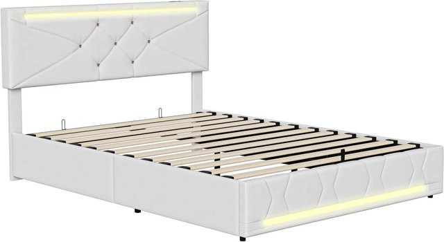PXloue Polsterbett Doppelbett in Beige mit LED-Unterbettbeleuchtung, USB-Anschluss und höhenverstellbarem Kopfteil aus Leinenstoff, B/T/H: 160 x 200 x 115 cm - Bild 1