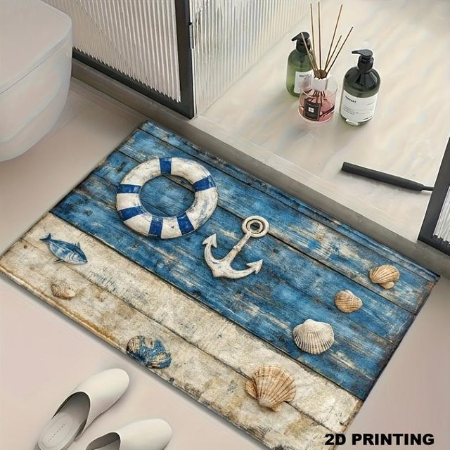 VIKAMA Vintage Fußmatte im maritimen Stil, blau, rutschfest und waschbar, B/T: 90 x 60 cm - Bild 1