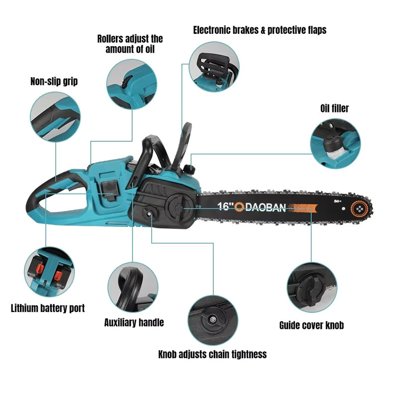 Vremota Akku Kettensäge 16 Zoll mit 3500 W bürstenlosem Motor, Blau, inklusive 2 Stück 22 V Akkus - Bild 4