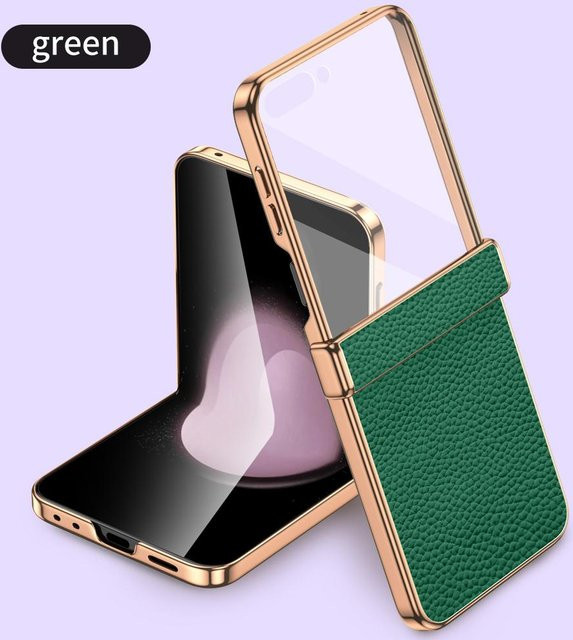 Rindsleder Handyhülle für Samsung Galaxy Z Flip 7 FE 5G, Galaxy Z Flip 7, Galaxy Z Flip 6 und Galaxy Z Flip 5 mit Scharnier-Schutz und gehärtetem Glas in Grün - Bild 1