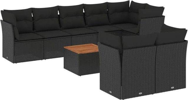 vidaXL 9-tlg. Garten-Sofagarnitur aus Poly-Rattan in Schwarz mit Kissen und Akazienholz-Elementen - Bild 1
