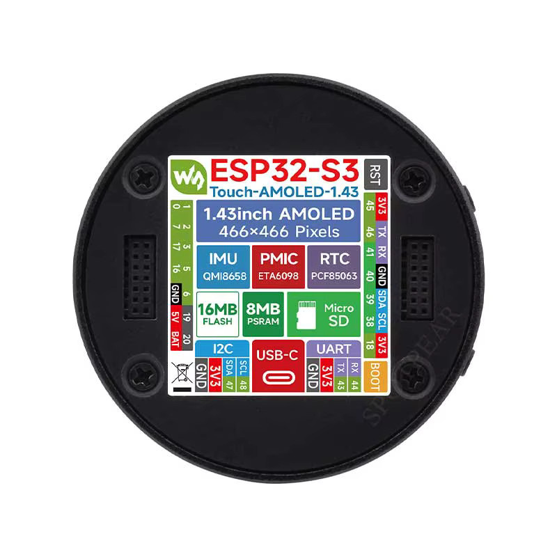 Waveshare ESP32-S3 Development Board mit 1,43 Zoll AMOLED Runddisplay in Schwarz, 466x466 Pixel, QSPI Schnittstelle - Bild 2