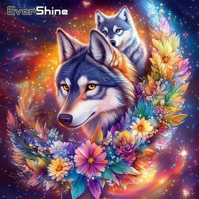 EverShine Diamant-Stickerei DIY Malset Wolf mit Blumen, Mosaik-Strass-Bild in Multicolour - Bild 1