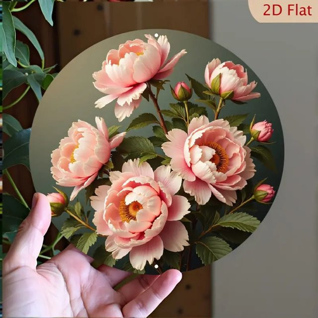 Potdemiel Elegante Pfingstrosen-Metallwandkunst – Rundes Aluminiumschild mit rosa Blumen und grünem Laub, klassische florale Wohndekoration, Durchmesser: 20 cm - Bild 1