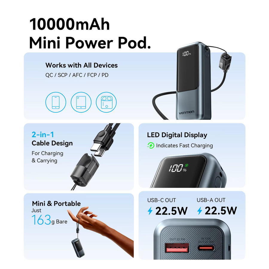 Vention Mini Powerbank 10000mAh mit integriertem USB-C-Kabel 22,5W PD 3.0 Schnellladung, Grau - Bild 2