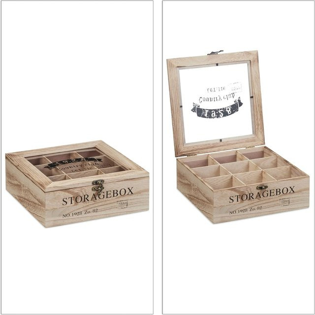 Relaxdays Teebox aus Holz in Natur mit Sichtfenster und 9 Fächern, B/T/H: 24 x 9 x 25 cm - Bild 1