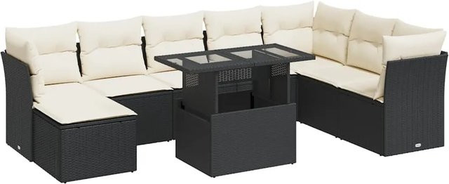 vidaXL 9-tlg. Garten-Sofagarnitur in L-Form aus schwarzem Poly-Rattan mit Kissen und pulverbeschichtetem Stahlgestell - Bild 1