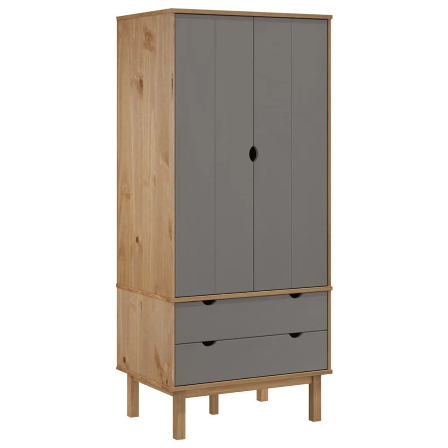 vidaXL Kleiderschrank OTTA aus Kiefer Massivholz in Braun und Grau mit integrierten Schubladen, B: 76,5 cm, T: 53 cm, H: 172 cm - Bild 2