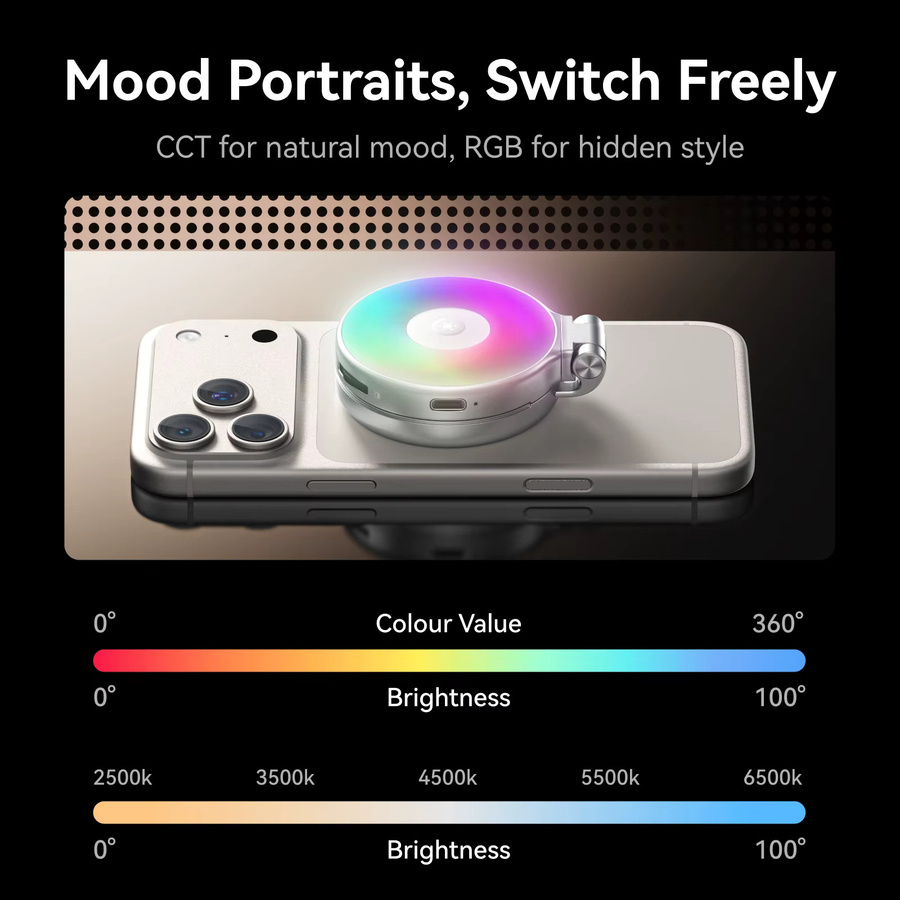 TELESIN Magnetisches RGB Mini-Selfie-Licht mit 360 Grad Rotation und 3 Modi für Smartphone iPhone und Android, Multicolor - Bild 3