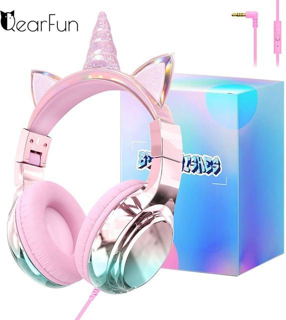 QearFun Einhorn-Kopfhörer für Kinder und Mädchen in Pink mit Mikrofon, faltbares Kabel-Headset mit 85/94 dB Lautstärke für Tablet und iPad - Bild 1
