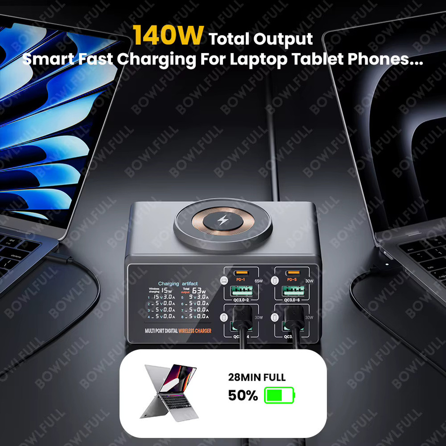 Bowlfull Multiport-USB-Ladegerät 140 W mit 4 USB-C und 4 USB-A Anschlüssen, PD3.0 QC3.0 Schnellladegerät mit LCD-Display und magnetischem kabellosem Laden für MacBook und iPhone 16 - Bild 3