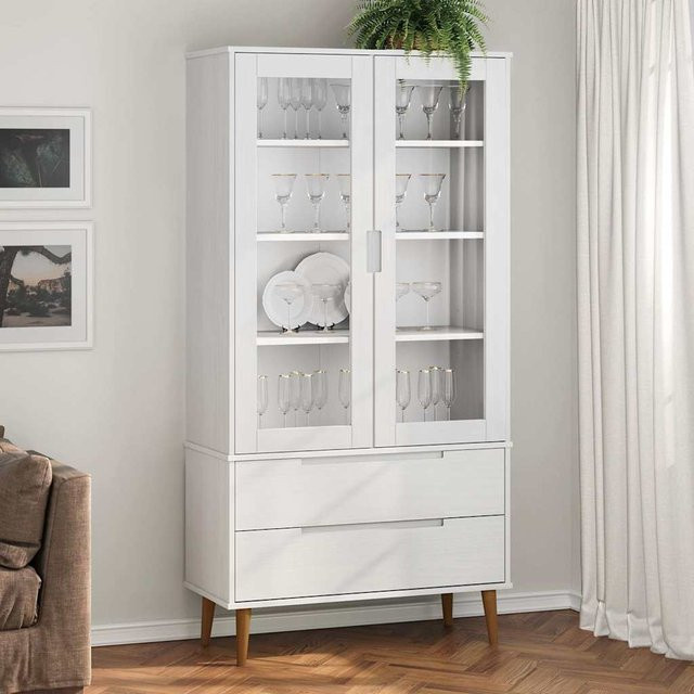 vidaXL Vitrinenschrank Molde aus Massivholz Kiefer in Weiß mit Glastüren und Schubladen, B/T/H: 90 x 35 x 175 cm - Bild 2