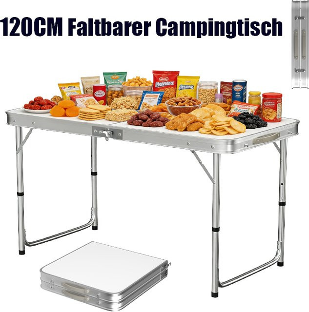 EFAN Klappbarer Campingtisch aus Aluminium in Weiß mit höhenverstellbarer Tischplatte und rechteckiger Form, Breite: 120 cm - Bild 1