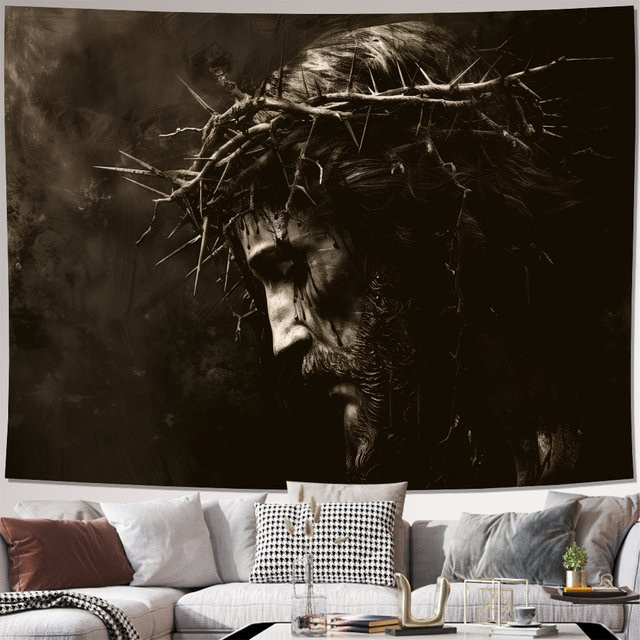 VIKAMA Religiöser Wandteppich Jesus Dornenkrone in Vintage-Optik, Schwarz, Rechteckig - Bild 1