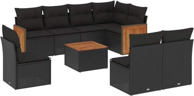 vidaXL 9-teilige Garten-Sofagarnitur mit Kissen aus Poly-Rattan und Akazienholz in Schwarz - Bild 1