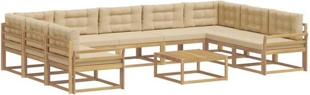 vidaXL Outdoor-Sofagarnitur in L-Form aus massivem Akazienholz mit 10 Kissen in Weiß, Beige und Braun - Bild 1