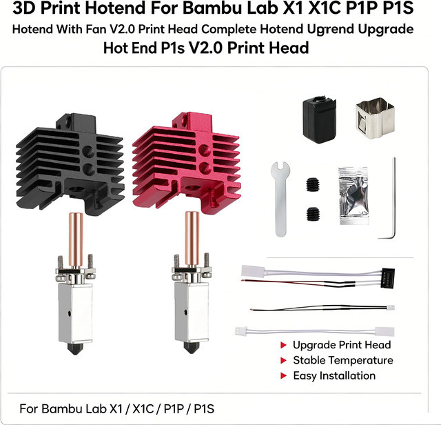Bambu Lab 3D-Druck-Hotend V2.0 Upgrade mit Lüfter für X1, X1C, P1P und P1S in Schwarz - Bild 1