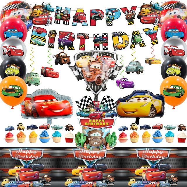 38-teiliges Party World Cartoon Geburtstagsparty-Dekorationsset in Schwarz und Rot mit Banner, Tischdecke, Ballons und Tortenaufsatz - Bild 1