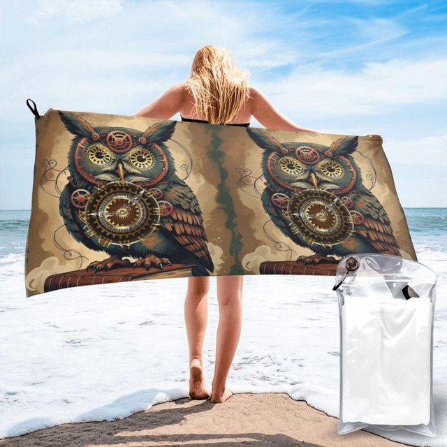 Steampunk Eule mit Uhr und Zahnrädern Strandtuch aus Mikrofaser von JMG Household Supplies, Mehrfarbig, B: 80 cm, L: 160 cm - Bild 1