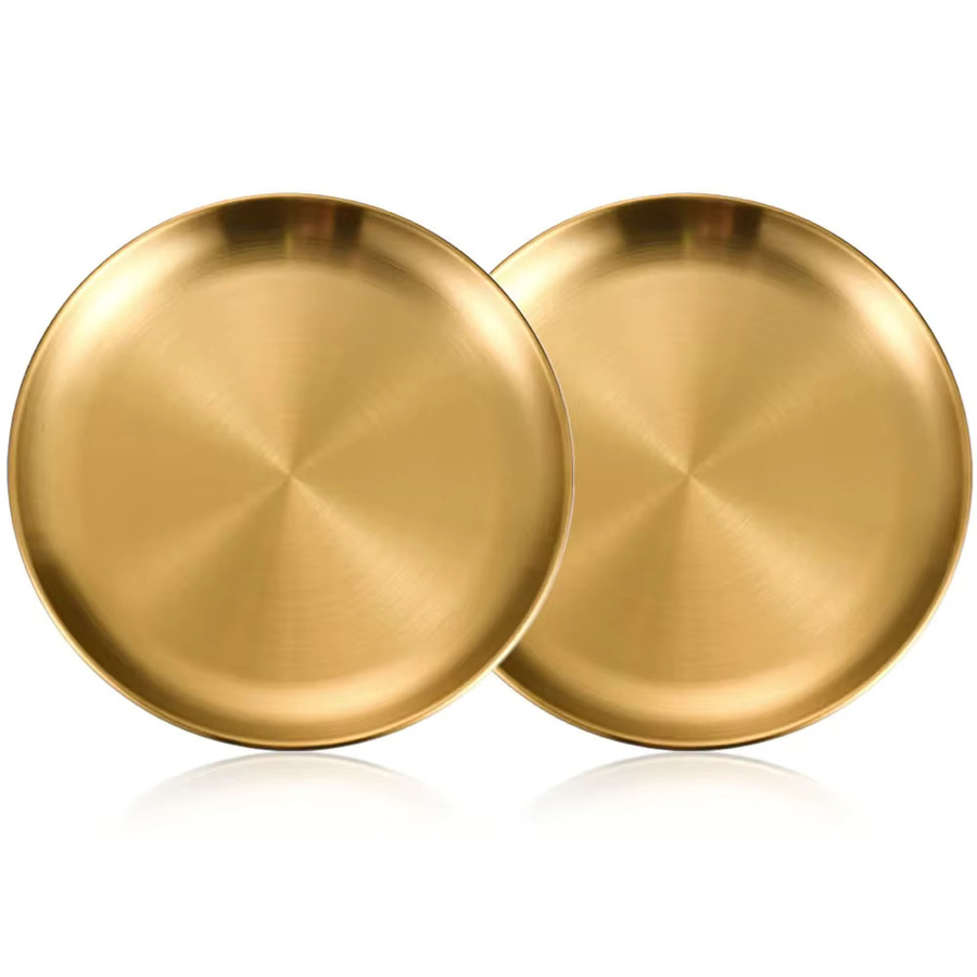 AJOYOUS 2er-Set Koreanische Servierteller aus Edelstahl in Gold und Silber, runde flache Platten für Obst, Kuchen und Café-Zubehör - Bild 2