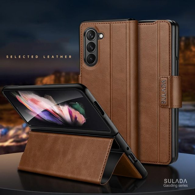 Vintage Leder Brieftasche Flip Case für Samsung Galaxy Z Fold 5, Z Fold 4, Z Fold 3, Z Fold 2 5G in Braun - Bild 1