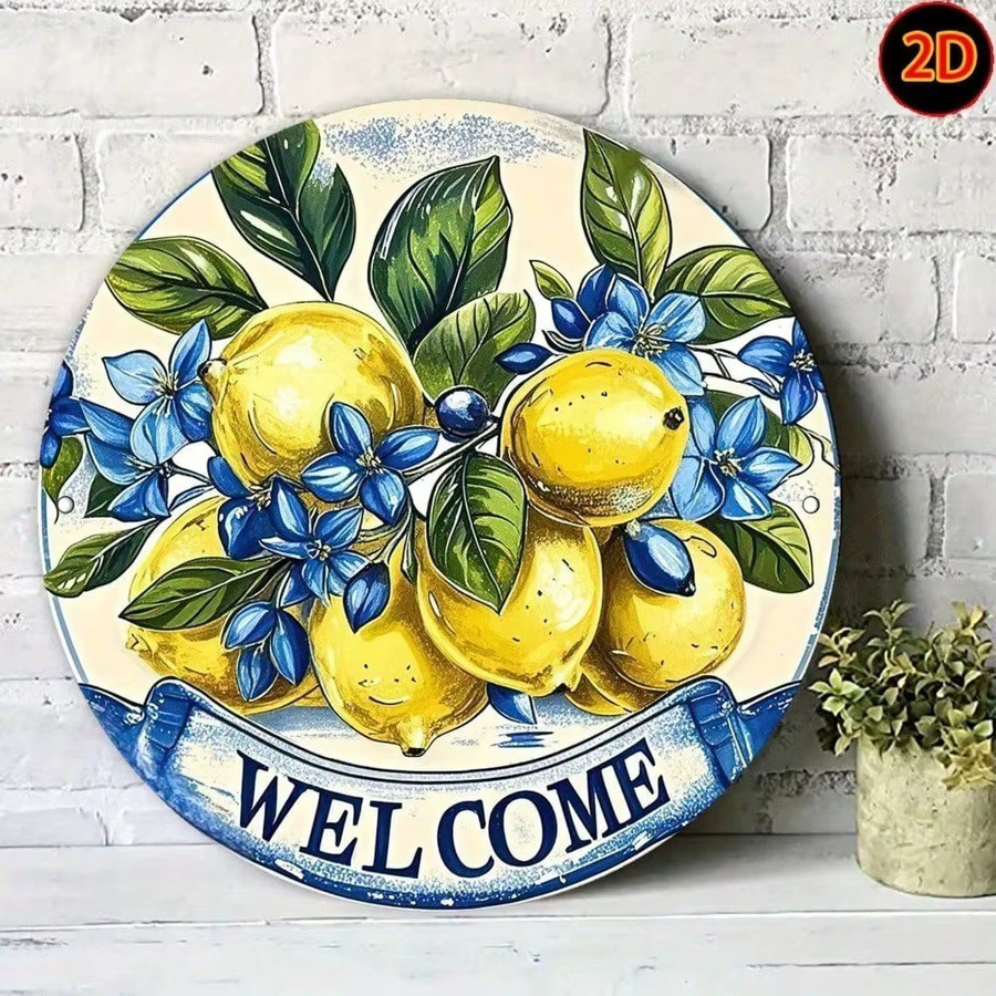 CIFBUY Vintage Aluminium-Willkommensschild mit Zitronen- und Blumenmotiv, Rundes Metall-Wandschild für Garten und Terrasse, Mehrfarbig - Bild 2