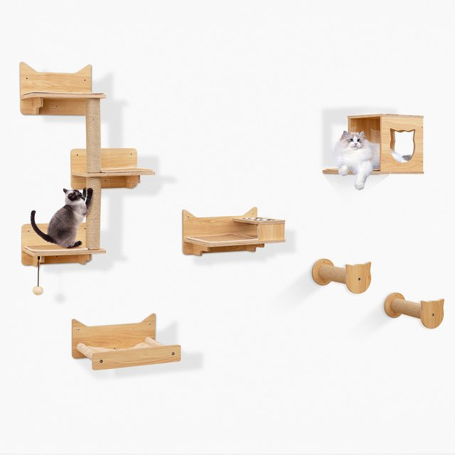 GOFLAME 6-teilige Kletterwand für Katzen in Beige mit Hängematte, Katzenhaus, Plattformen und Kratzbäumen - Bild 1