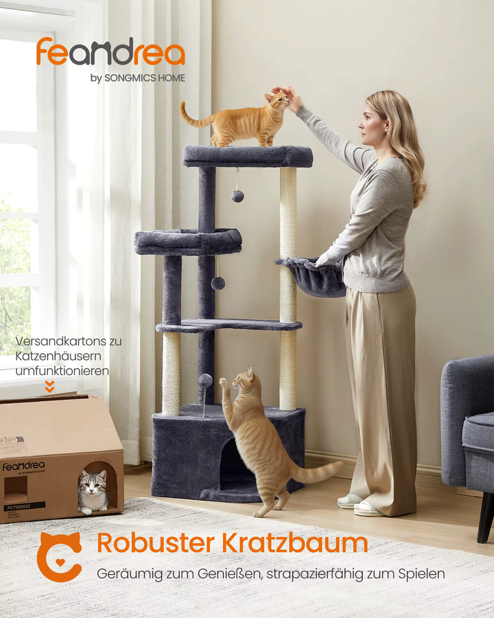 FEANDREA Kratzbaum für die Raumecke in Grau mit großer Kuschelhöhle - Bild 2
