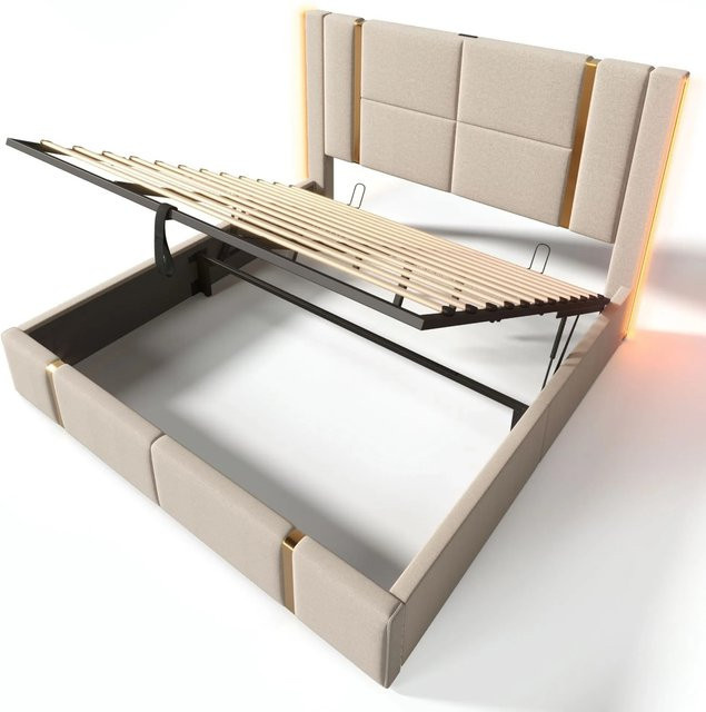 okwish Polsterbett mit Stauraum in Beige, B/T/H: 180 x 200 x 105 cm, mit USB Type-C Ladefunktion, LED-Beleuchtung und APP-Steuerung, Stoffbezug aus Leinenmaterial - Bild 1