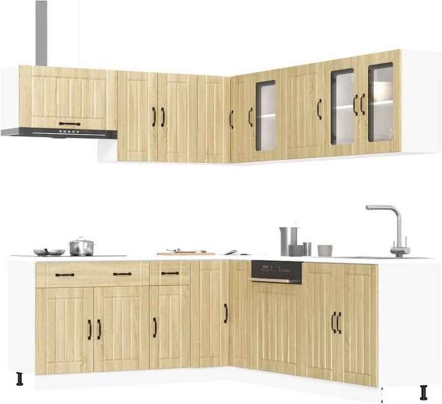 Vidaxl Küchenschrank-Set Lucca Winkelküche im Landhausstil, 11-teilig, Eiche Natur/Braun, Holzwerkstoff und Glas - Bild 1