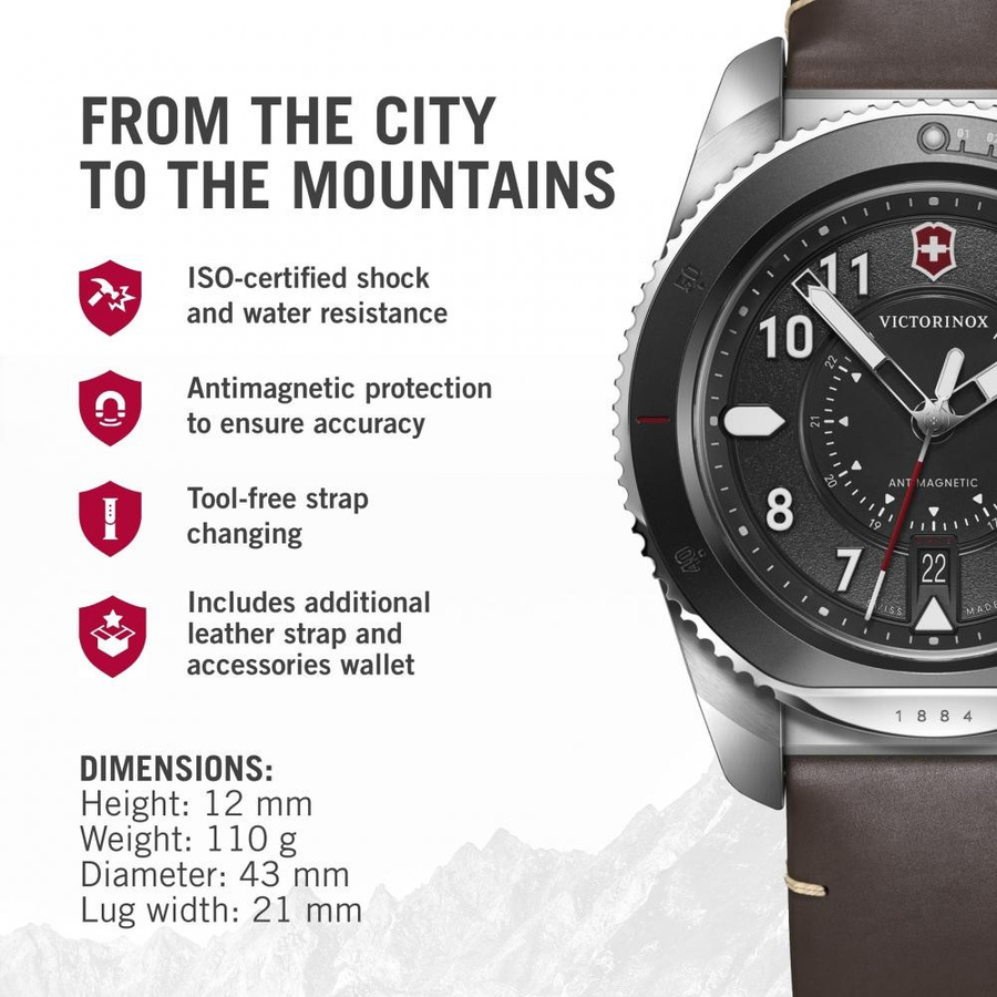 Victorinox Herrenuhr, Quarz, Edelstahlgehäuse, 43 mm, Leder, Schwarz, 20 ATM - Bild 5