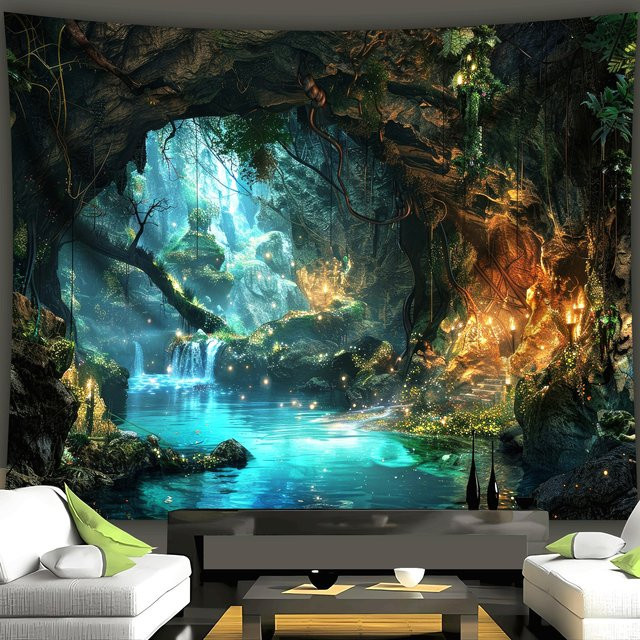 VIKAMA Fantasy-Baumloch-Wandteppich mit Waldlandschaftsdruck und verzaubertem Garten, Wandbehang in Multicolour, Breite: 60 cm, Höhe: 40 cm - Bild 1