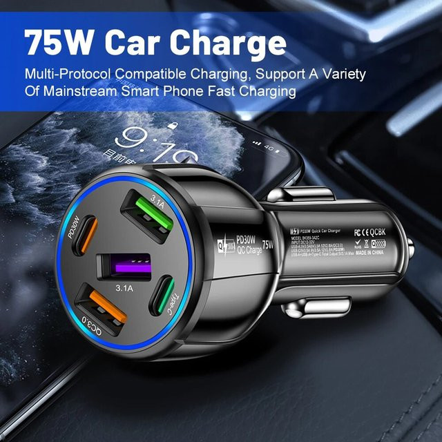 75 W Auto Ladegerät mit 5 USB-Ports inklusive USB Typ C und PD Quick Charge 3.0 in Schwarz für iPhone, Samsung, Xiaomi und Huawei - Bild 1